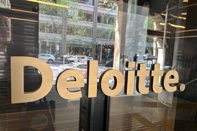 The log of Deloitte is displayed at their office in Melbourne, Australia, on Tuesday, Oct. 7, 2025. (AP Photo/Rod McGuirk)