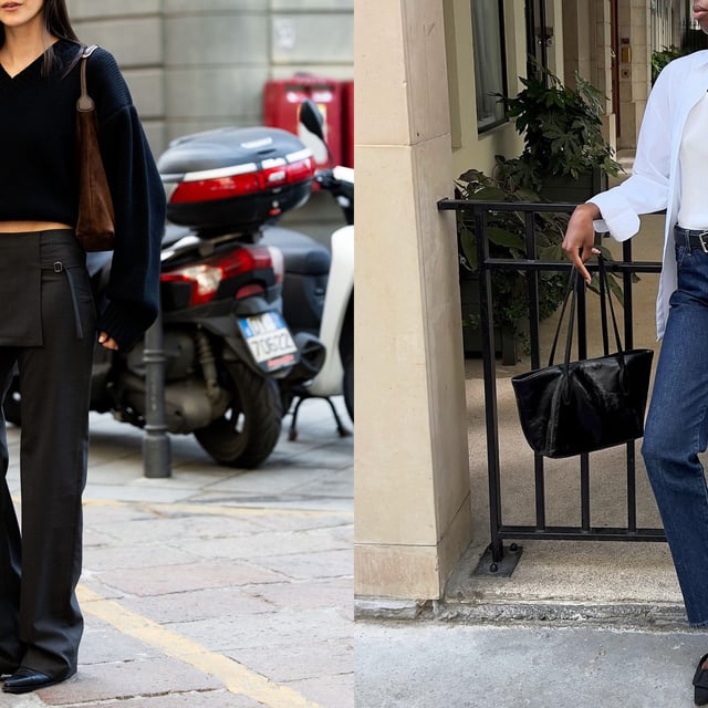 Woman in V-neck sweater and gray skirt pants; woman in white shirt and dark jeans.