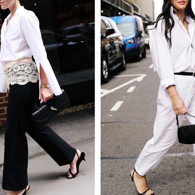 Women in white shirt, black pants; woman in white shirt, white pants, and black accessories.