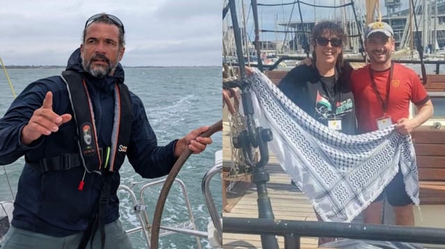 A la izquierda, el gallego Manu López, residente de la localidad pontevedresa de Oia. A la derecha, la abogada coruñesa afincada en Santiago Sandra Garrido, junto a otro integrante de la Flotilla a Gaza