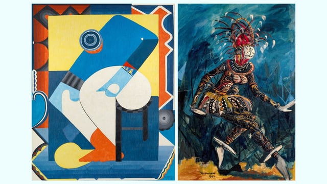 Left: Stateless People: an artist with beret, 1981, by Uzo Egonu. Right: The Dancer (Agbogho Mmuo — Maiden Spirit Mask), 1962, by Ben Enwonwu
