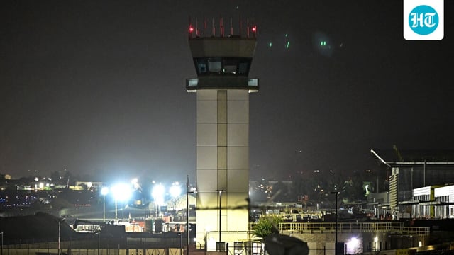 A dark and unstaffed air traffic control tower is seen at the Hollywood Burbank Airport amid the US government shutdown