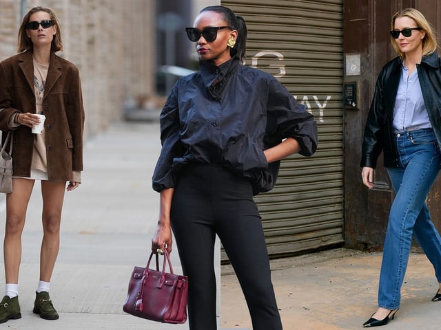 fashion collage of three street style stars wearing cool basics like crew socks, black leggings, and kitten-heel shoes