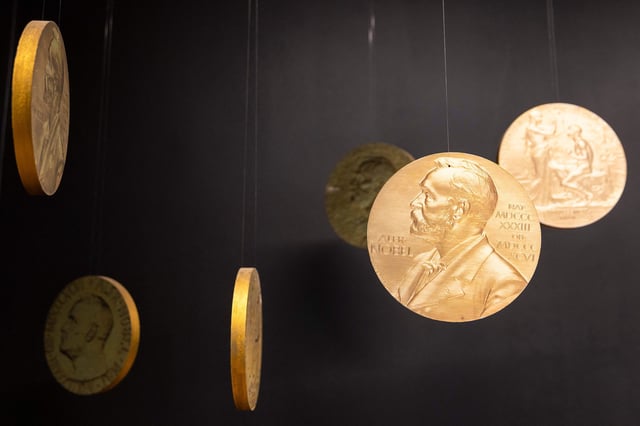 Replicas of the official Nobel Peace Prize gold medal are seen at the Nobel Peace Center in Oslo, Norway, on December 9, 2021.