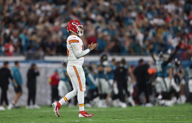 Oct 6, 2025; Jacksonville, Florida, USA; Kansas City Chiefs quarterback Patrick Mahomes (15) reacts after throwing an interception during the second half against the Jacksonville Jaguars at EverBank Stadium. Mandatory Credit: Morgan Tencza-Imagn Images.