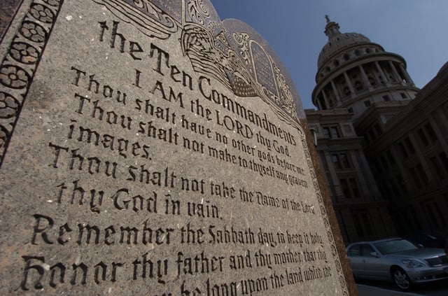 A six-foot high tablet of the Ten Commandments, which is located on the grounds of the Texas Capitol Building in Austin, Texas, is seen on February 28, 2005. On March 2, 2005, the U.S. Supreme Court will consider whether the granite monument and two similar displays at a Kentucky courthouses constitute unconstitutional government establishment of religion. (Photo by Robert Daemmrich Photography Inc/Corbis via Getty Images)