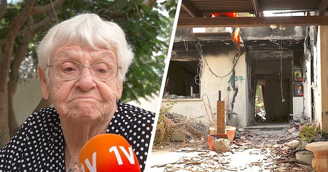 De 86-jarige Ditza Heiman werd zelf gegijzeld in Gaza (links) en de verwoesting in Nir Oz (rechts)