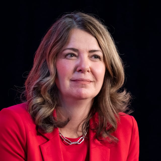 Alberta Premier Danielle Smith answers questions during a fireside chat at the Chamber of Commerce of Metropolitan Montreal in Montreal on Monday, Oct. 6, 2025. THE CANADIAN PRESS/Christinne Muschi