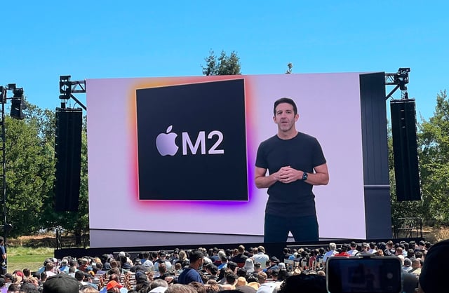 John Ternus, Apple Senior Vice President of Hardware Engineering, introduces the new M2 microprocessor at Apple's WWDC 2022 developer conference at the company's headquarters, Apple Park, in Cupertino.