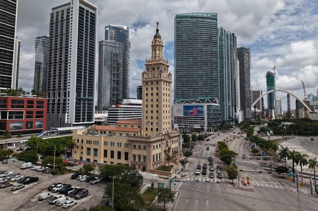 The Freedom Tower is seen in downtown Miami on Friday, Aug. 8, 2025. (AP Photo/Daniel Kozin)