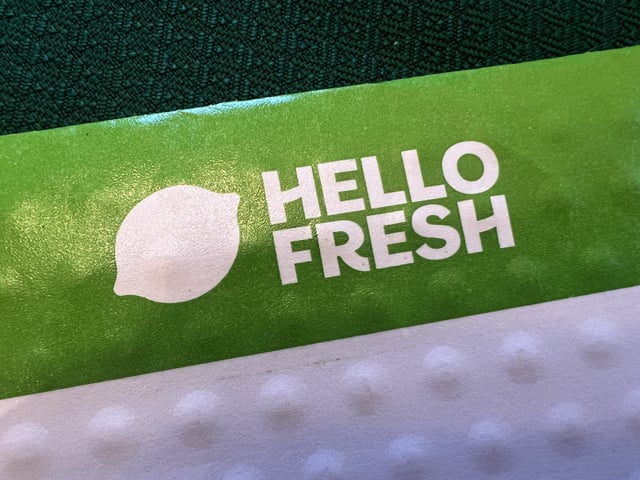 Close-up of HelloFresh logo on packaging sleeve, Lafayette, California, August 6, 2024.