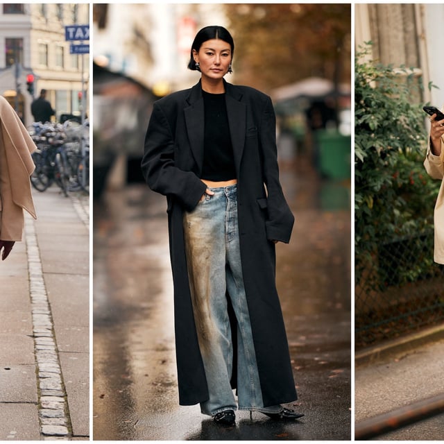 woman wearing trench coat; woman wearing black coat, t-shirt, and jeans; woman wearing coat and jeans