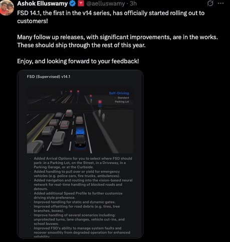 Tesla Release FSD 14.1 With New Features Like Garage Parking and Emergency Vehicle Response
