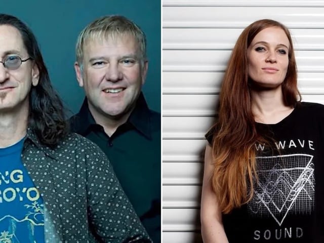 De izquierda a derecha: Geddy Lee, Alex Lifeson y Anika Nilles, la nueva baterista de Rush.
