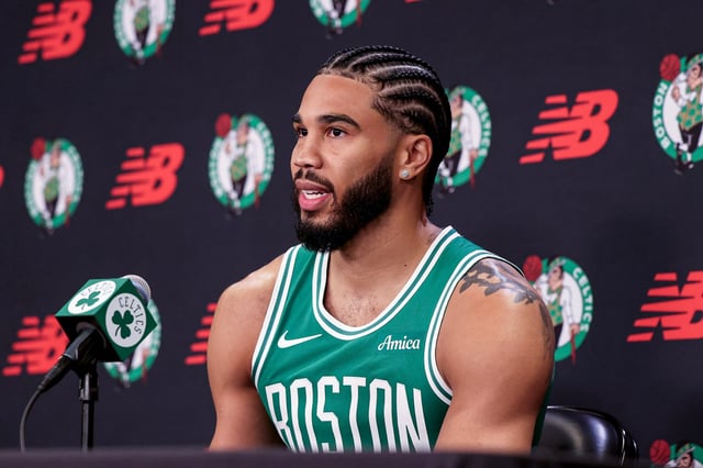Boston Celtics forward Jayson Tatum addresses the media during the Celtics Media Day, Monday, at the Auerbach Center in Boston. (Mark Stockwell/Boston Herald)
