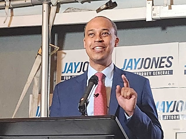 Jay Jones addresses supporters after winning the Democratic nomination for Virginia Attorney General as wife Mavis Jones looks on Tuesday evening, June 17, 2025. (Trevor Metcalfe/The Virginian-Pilot)
