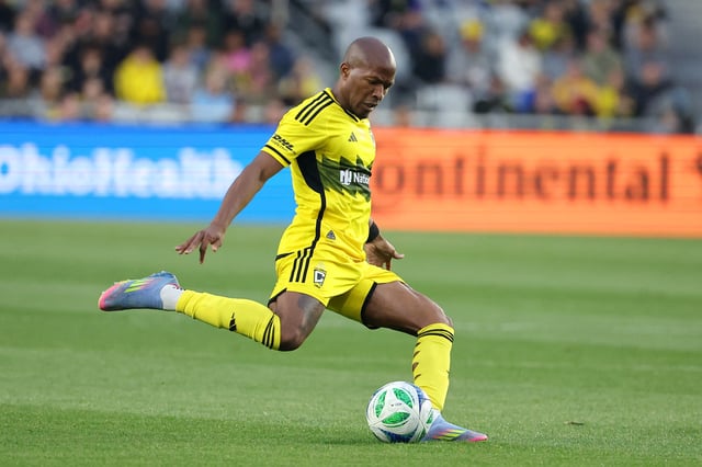 May 28, 2025; Columbus, Ohio, USA;  Columbus Crew midfielder Darlington Nagbe (6) passes the ball during the first half against the Nashville SC at Lower.com Field. Mandatory Credit: Joseph Maiorana-Imagn Images