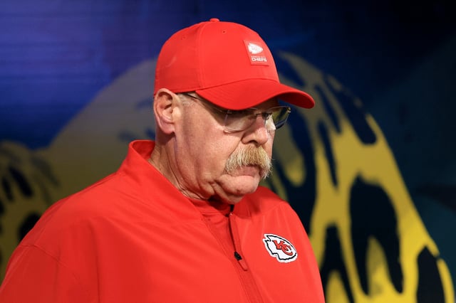 JACKSONVILLE, FLORIDA - OCTOBER 06: Head coach Andy Reid of the Kansas City Chiefs walks out of the tunnel before the game against the Jacksonville Jaguars at EverBank Stadium on October 06, 2025 in Jacksonville, Florida. (Photo by Mike Carlson/Getty Images)