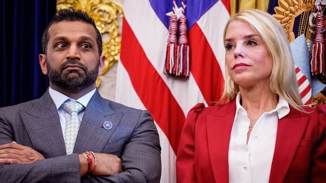 WASHINGTON, DC - SEPTEMBER 25: FBI Director Kash Patel and U.S. Attorney General Pam Bondi appear as U.S. President Donald Trump speaks in the Oval Office of the White House on September 25, 2025 in Washington, DC. Trump signed several executive orders, including approving a partial sale of TikTok's U.S. operations, following a 2024 law requiring parent company ByteDance to divest or face a ban.