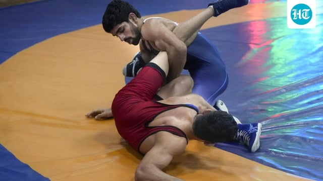 Paris Olympics bronze medallist Aman Sehrawat (in blue) during the World Wrestling Championships trials in Lucknow in August. (PTI)