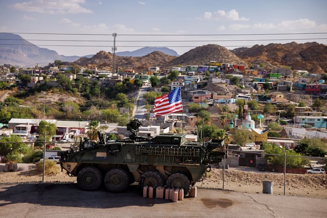A Stryker vehicle operated by Army National Guard members is positioned in El Paso, near the border with Juárez, Mexico, in June 2025.
