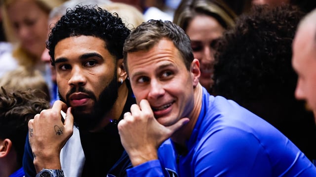 Oct 3, 2025; Durham, NC, USA; Jayson Tatum, NBA Boston Celtics Player helps coach alongside Duke Blue Devils head coach Jon Scheyer during the Countdown to Craziness at the Cameron Indoor Stadium. Mandatory Credit: Jaylynn Nash-USA TODAY Sports