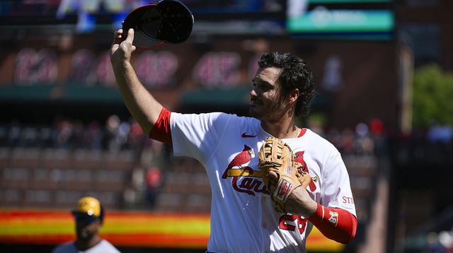 Sep 21, 2025; St. Louis, Missouri, USA; St. Louis Cardinals third baseman Nolan Arenado (28) salutes the fans after he was ceremonially removed before the start of the first inning against the Milwaukee Brewers at Busch Stadium. Mandatory Credit: Jeff Curry-Imagn Images