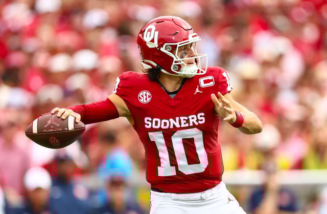 Sep 20, 2025; Norman, Oklahoma, USA;  Oklahoma Sooners quarterback John Mateer (10) throws during the first half against the Auburn Tigers at Gaylord Family-Oklahoma Memorial Stadium. Mandatory Credit: Kevin Jairaj-Imagn Images/ File Photo
