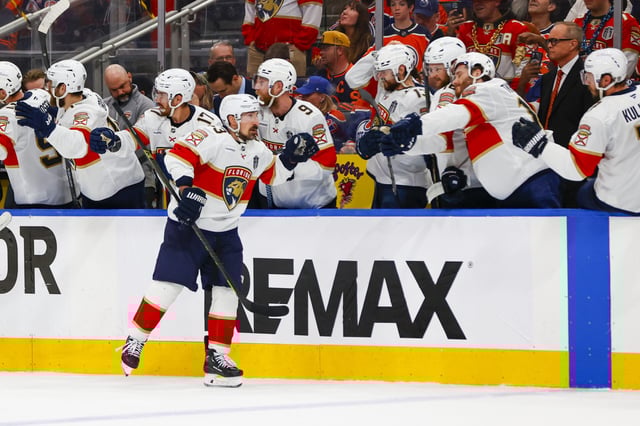Jun 14, 2025; Edmonton, Alberta, CAN; Florida Panthers forward Brad Marchand (63) celebrates scoring during the third period against the Edmonton Oilers in game five of the 2025 Stanley Cup Final at Rogers Place. Mandatory Credit: Perry Nelson-Imagn Images