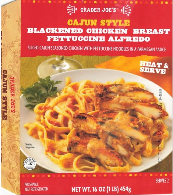 Recalled Cajun Style Blackened Chicken Breast Fettuccine Alfredo, sold at Trader Joe's.