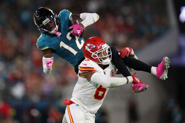 Travis Hunter #12 of the Jacksonville Jaguars catches a pass during the third quarter of the NFL football game against the Kansas City Chiefs at Everbank Stadium on October 6, 2025 in Jacksonville, Florida.