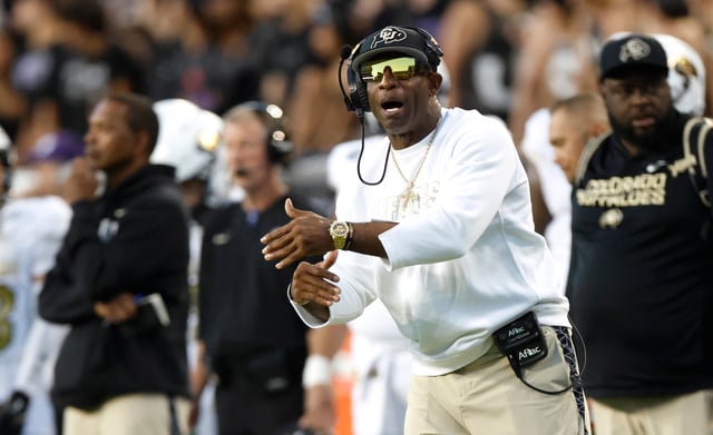 FORT WORTH, TEXAS - OCTOBER 04: Head coach Deion Sanders of the Colorado Buffaloes calls a play during the first half against the TCU Horned Frogs at Amon G. Carter Stadium on October 4, 2025 in Fort Worth, Texas. (Photo by Ron Jenkins/Getty Images)