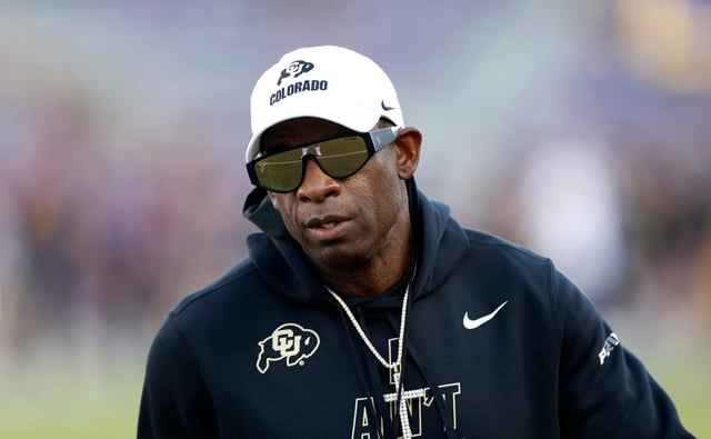 Head coach Deion Sanders of the Colorado Buffaloes looks on before the game against TCU Horned Frogs at Amon G. Carter Stadium on October 4, 2025 in Fort Worth, Texas.