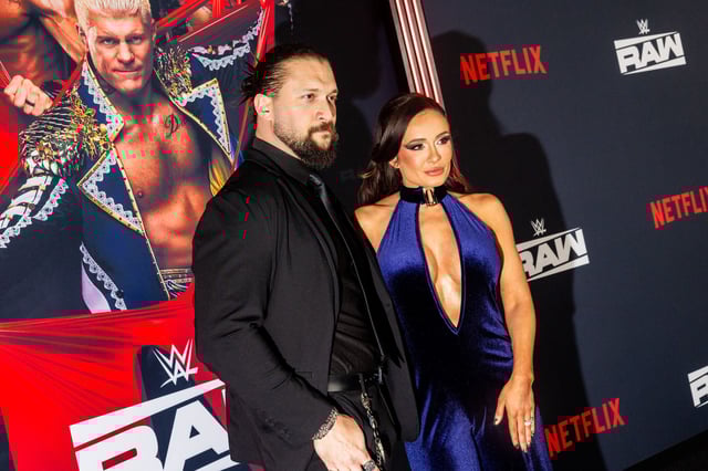 INGLEWOOD, CALIFORNIA - JANUARY 06: (L-R) Karrion Kross and Scarlett Bordeaux attend Netflix's Debut of WWE Monday Night Raw at Intuit Dome on January 06, 2025 in Inglewood, California.