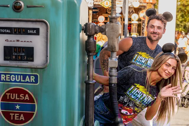 Pro Daniella Karagach and Dylan Efron (brother of Zac Efron, co-producer/co-star of "Down to Earth with Zac Efron," winner of "Traitors" Season 3) at Disneyland Resort during "Dancing with the Stars" Season 34 "Disney Night" which airs Tuesday, Oct. 7 on ABC.
