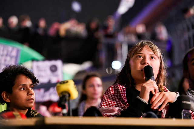 Greta Thunberg and activists from the Global Sumud Flotilla hold a press conference arranged by the Global Movement to Gaza Sweden in connection with the arrival of the released Swedish participants in the Global Sumud Flotilla, in central Stockholm, Sweden October 7, 2025.  TT News Agency/Caisa Rasmussen via REUTERS      ATTENTION EDITORS - THIS IMAGE WAS PROVIDED BY A THIRD PARTY. SWEDEN OUT. NO COMMERCIAL OR EDITORIAL SALES IN SWEDEN.      TPX IMAGES OF THE DAY