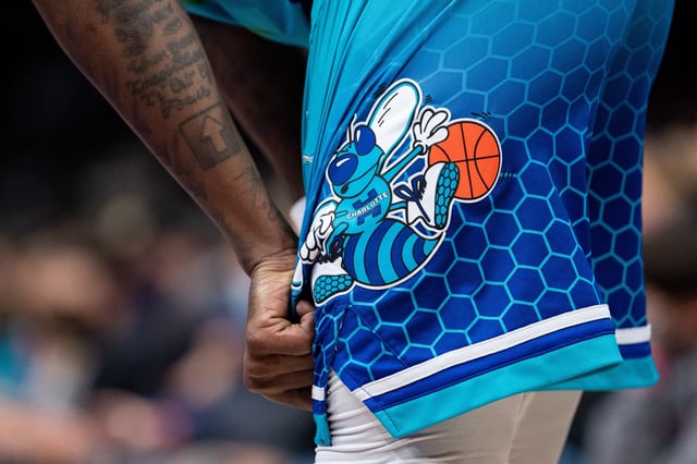 CHARLOTTE, NORTH CAROLINA - JANUARY 23: A close up of the Charlotte Hornets logo on the shorts of Terry Rozier during their game against the Atlanta Hawks at Spectrum Center on January 23, 2022 in Charlotte, North Carolina. (Photo by Jacob Kupferman/Getty Images)