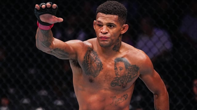 Patchy Mix gestures to his opponent during his fight at UFC 320. Credit: Jeff Bottari/Zuffa LLC