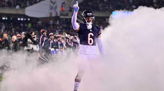 Dec 26, 2024; Chicago, Illinois, USA; Chicago Bears cornerback Kyler Gordon (6) enters the field before the game against the Seattle Seahawks at Soldier Field. Mandatory Credit: Daniel Bartel-Imagn Images