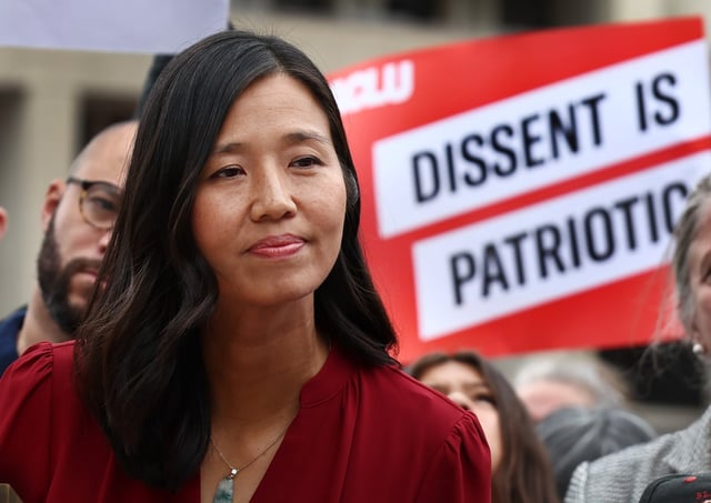 Boston, MA - Mayor Michelle Wu responds to the recent letter from the Department of Justice during a press conference outside city Hall. (Nancy Lane/Boston Herald)