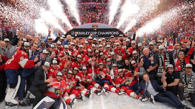 Jun 17, 2025; Sunrise, Florida, USA; The Florida Panthers pose for a photo with the Stanley Cup after winning game six of the 2025 Stanley Cup Final against the Edmonton Oilers at Amerant Bank Arena. Mandatory Credit: Sam Navarro-Imagn Images