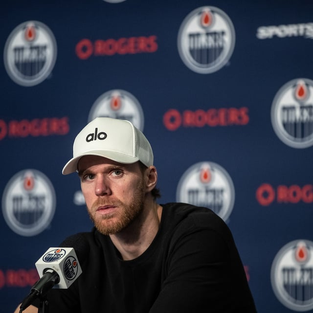 Connor McDavid speaks to the media after losing to the Florida Panthers in Game 6 of the Stanley Cup final in Edmonton on June 19. With the ultimate goal of a Stanley Cup within reach, McDavid is in no hurry to abandon the core of Oilers teammates.