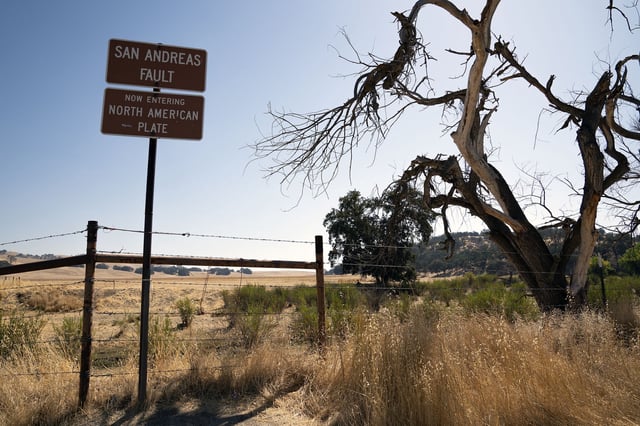 A sign for the San Andreas Fault is seen in Parkfield (Monterey County) in 2019. The fault could rupture following a mega-quake in the Cascadia subduction zone, a new study has found.