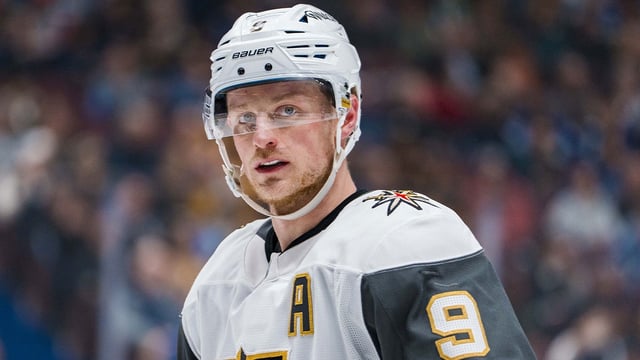Apr 6, 2025; Vancouver, British Columbia, CAN; Vegas Golden Knights forward Jack Eichel (9) during a stop in play against the Vegas Golden Knights in the third period at Rogers Arena. Mandatory Credit: Bob Frid-Imagn Images