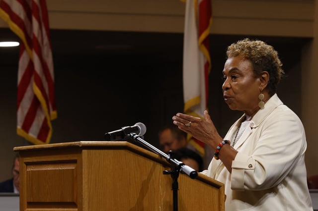 Oakland Mayor Barbara Lee delivered her first State of the City address at City Hall's City Council Chambers on Tuesday, touting the city's reduction in crime and vowing to fight back against President Donald Trump.