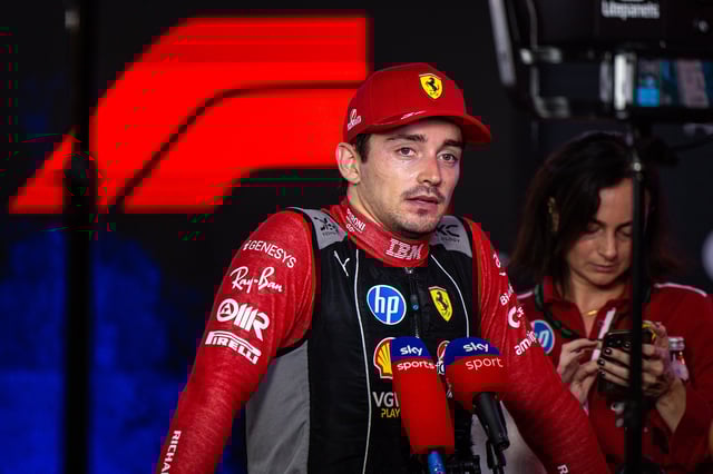 SINGAPORE, SINGAPORE - OCTOBER 5: Charles Leclerc of Monaco and Ferrari speaks in the press pen after the F1 Grand Prix of Singapore at Marina Bay Street Circuit on October 5, 2025 in Singapore, Singapore. (Photo by Jayce Illman/Getty Images)