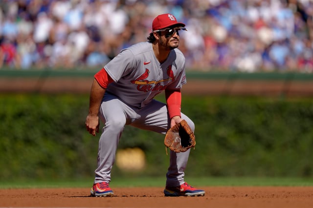 CHICAGO, ILLINOIS - SEPTEMBER 26: Nolan Arenado #28 of the St Louis Cardinal plays third base in a game against the Chicago Cubs at Wrigley Field on September 26, 2025 in Chicago, Illinois. (Photo by Matt Dirksen/Chicago Cubs/Getty Images)