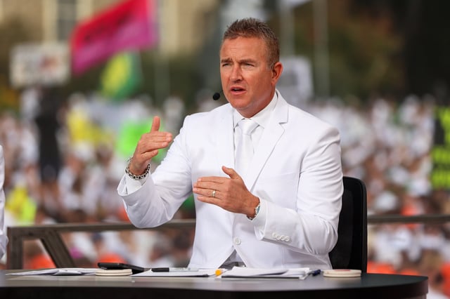 UNIVERSITY PARK, PENNSYLVANIA - SEPTEMBER 27: Host and sportscaster Kirk Herbstreit speaks during ESPN's College GameDay at The Pennsylvania State University on September 27, 2025 in University Park, Pennsylvania. (Photo by Isaiah Vazquez/Getty Images)