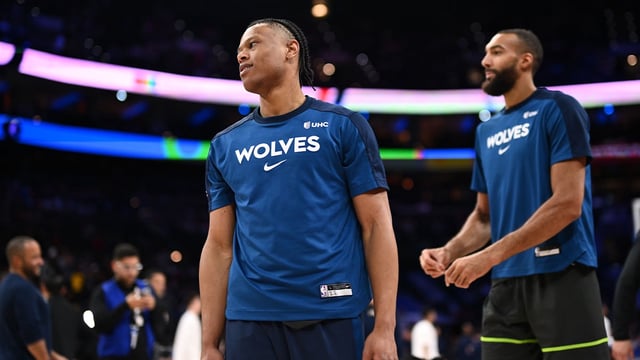 Apr 5, 2025; Philadelphia, Pennsylvania, USA; Minnesota Timberwolves guard Jaylen Clark (22) warms up before the game against the Philadelphia 76ers at Wells Fargo Center. Mandatory Credit: Kyle Ross-Imagn Images