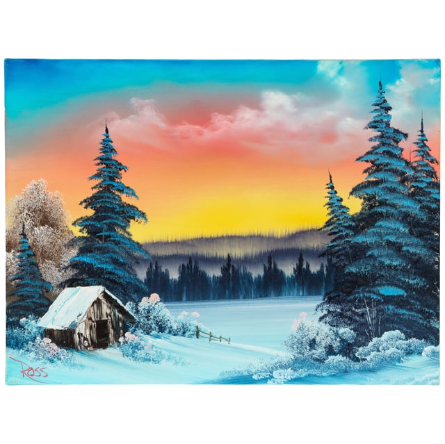 A handout photo of "Winter's Peace" painted by television host Bob Ross in 1993. The painting is set to be auctioned Nov. 11 to provide funds for local public broadcasting following federal budget cuts made by Republicans that have impacted NPR and PBS.